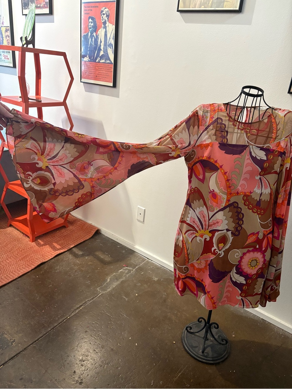 Trina Turk Pink Paisley Bell-Sleeve Long Sleeve Dress